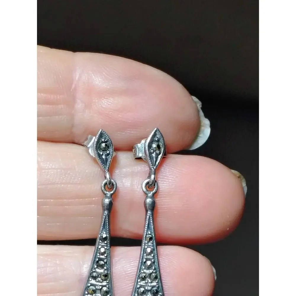 925 Silver Marcasite Black Heart Earrings